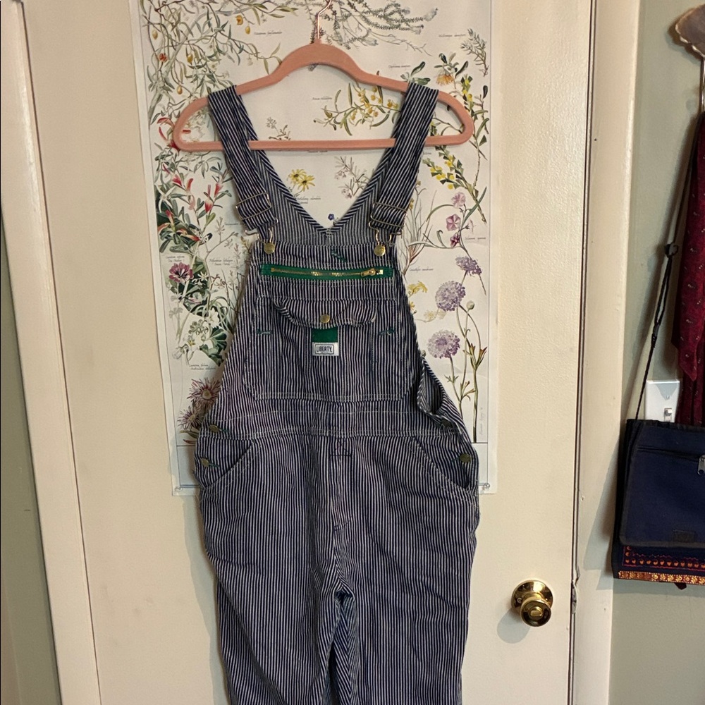 Liberty Navy and White Striped Overalls with Green Zipper M - Picture 2 of 4